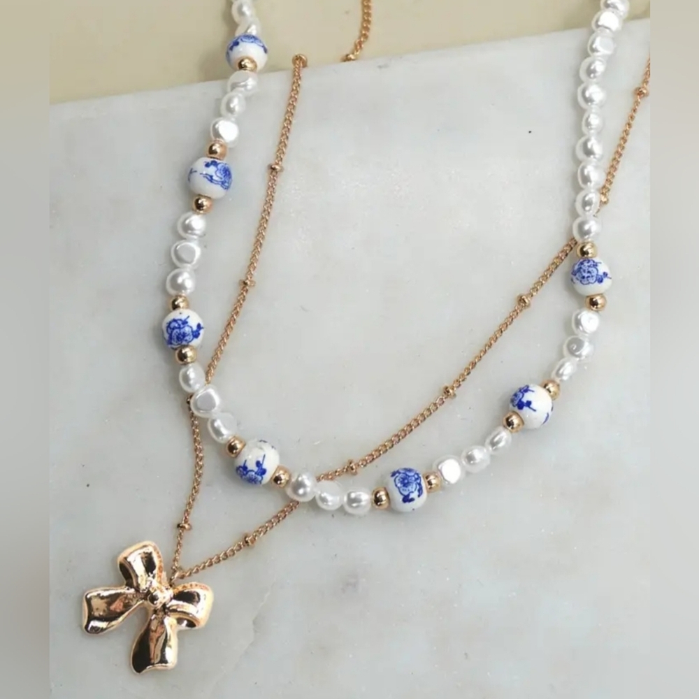✨️Ceramic Porcelain Pearl Bow Layer Necklace
